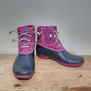 Sperry 6 youth girls saltwater purple navy boots duck rain